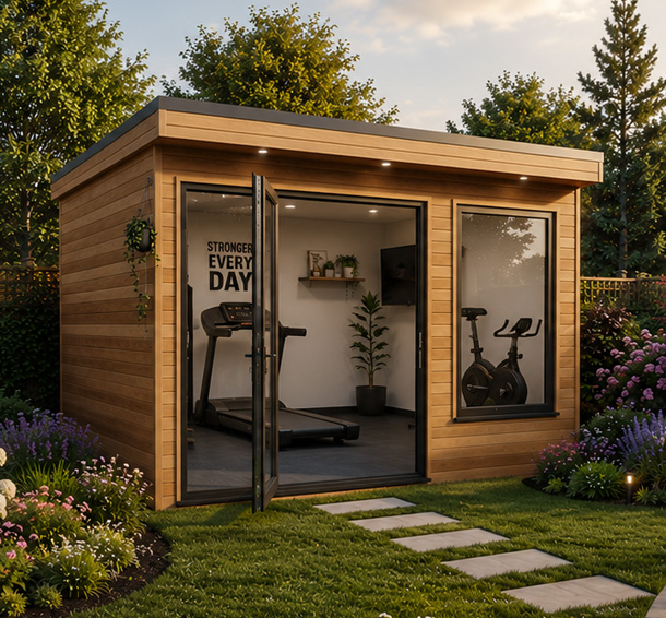 Home gym garden room with rubber flooring and mirrored wall