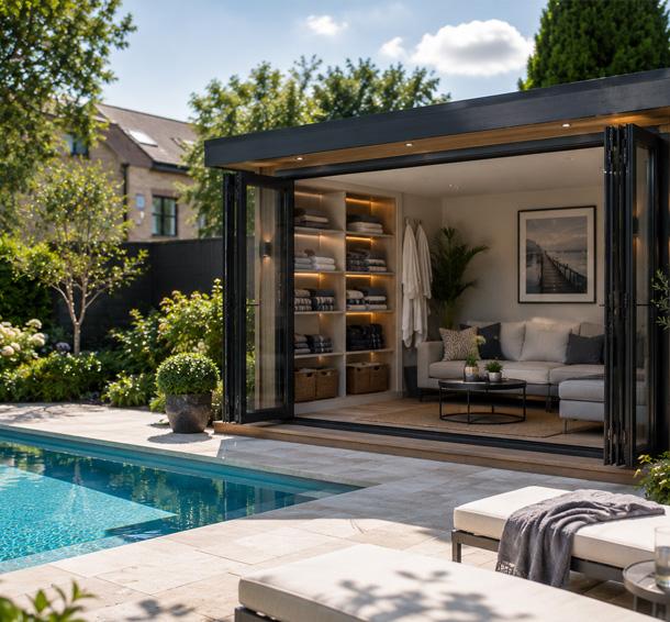 Poolside garden room with changing area and storage