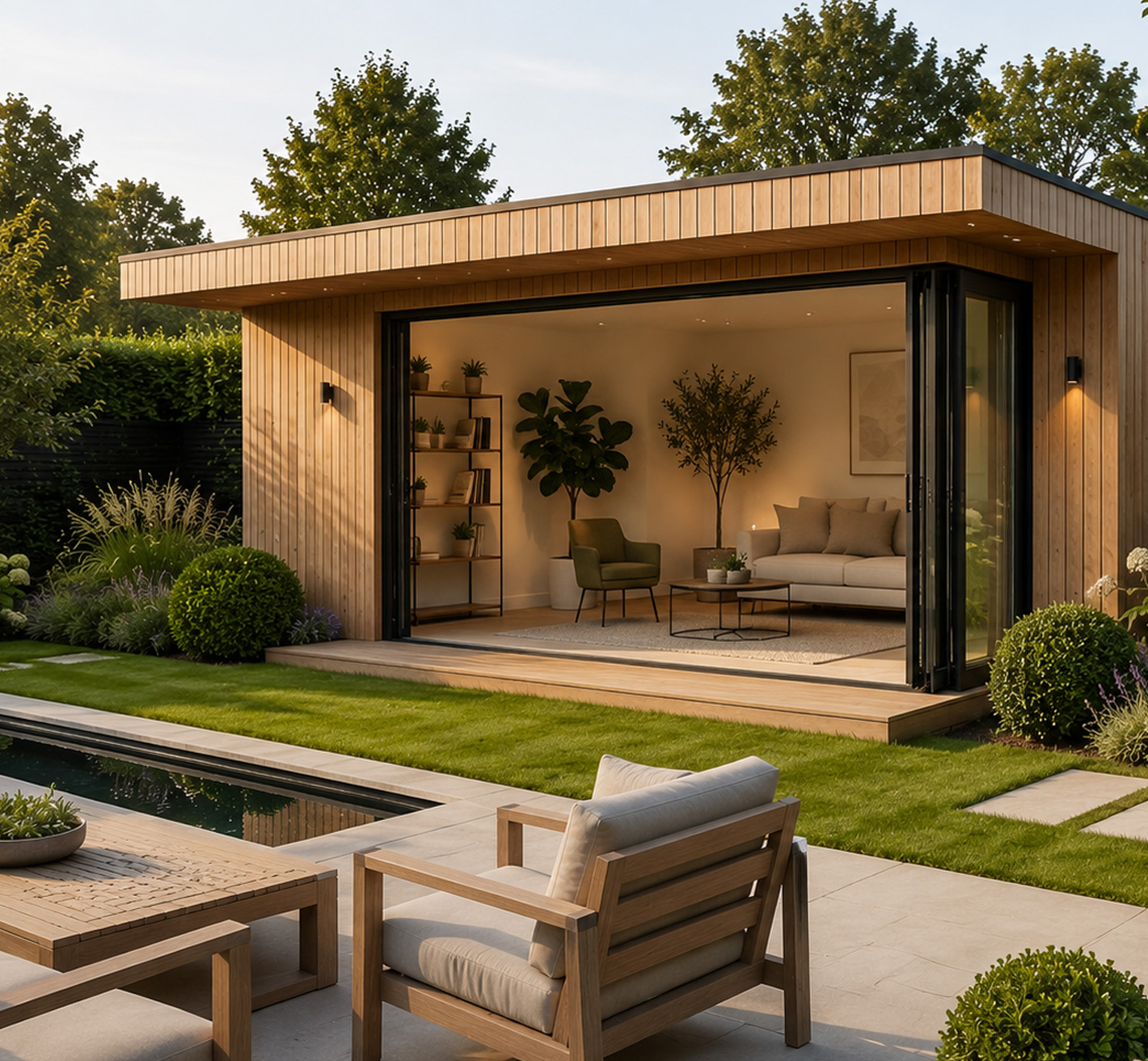 Custom lounge garden room with glazing and folding doors