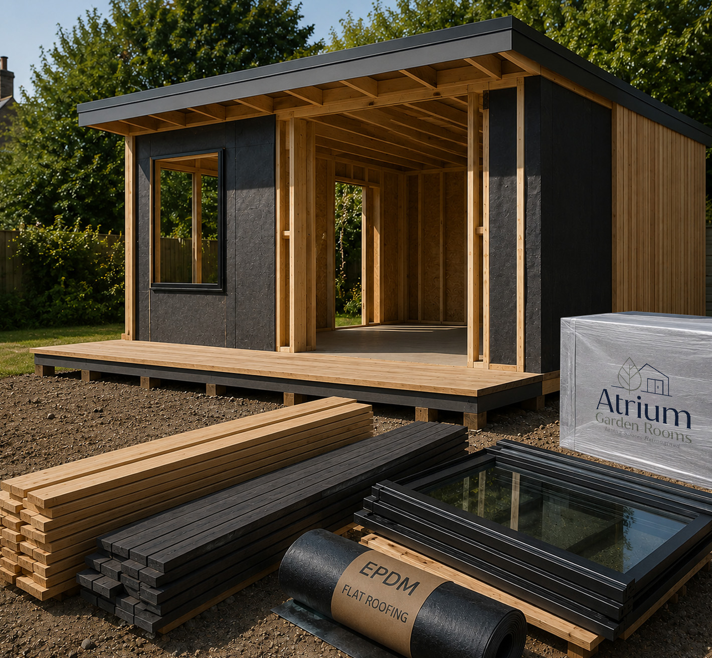 Timber frame going up on a garden room base in Tring