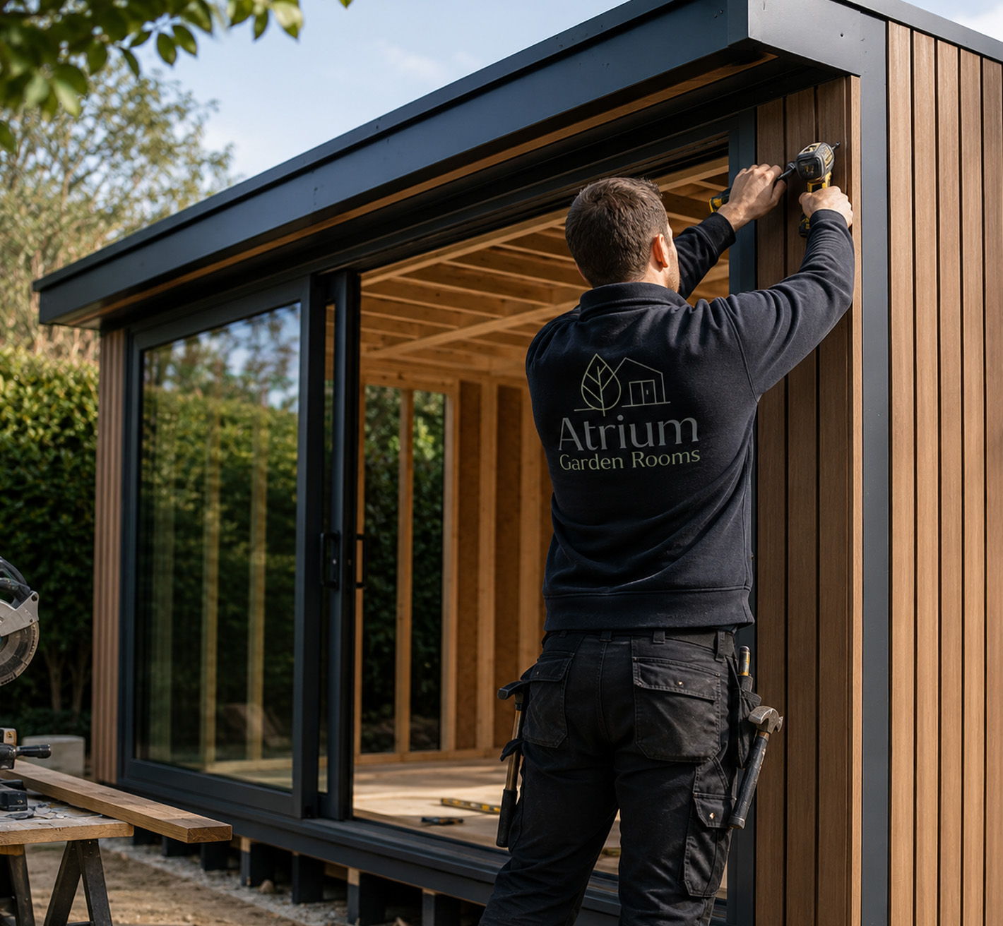 •	Timber frame going up on a garden room base in Aylesbury