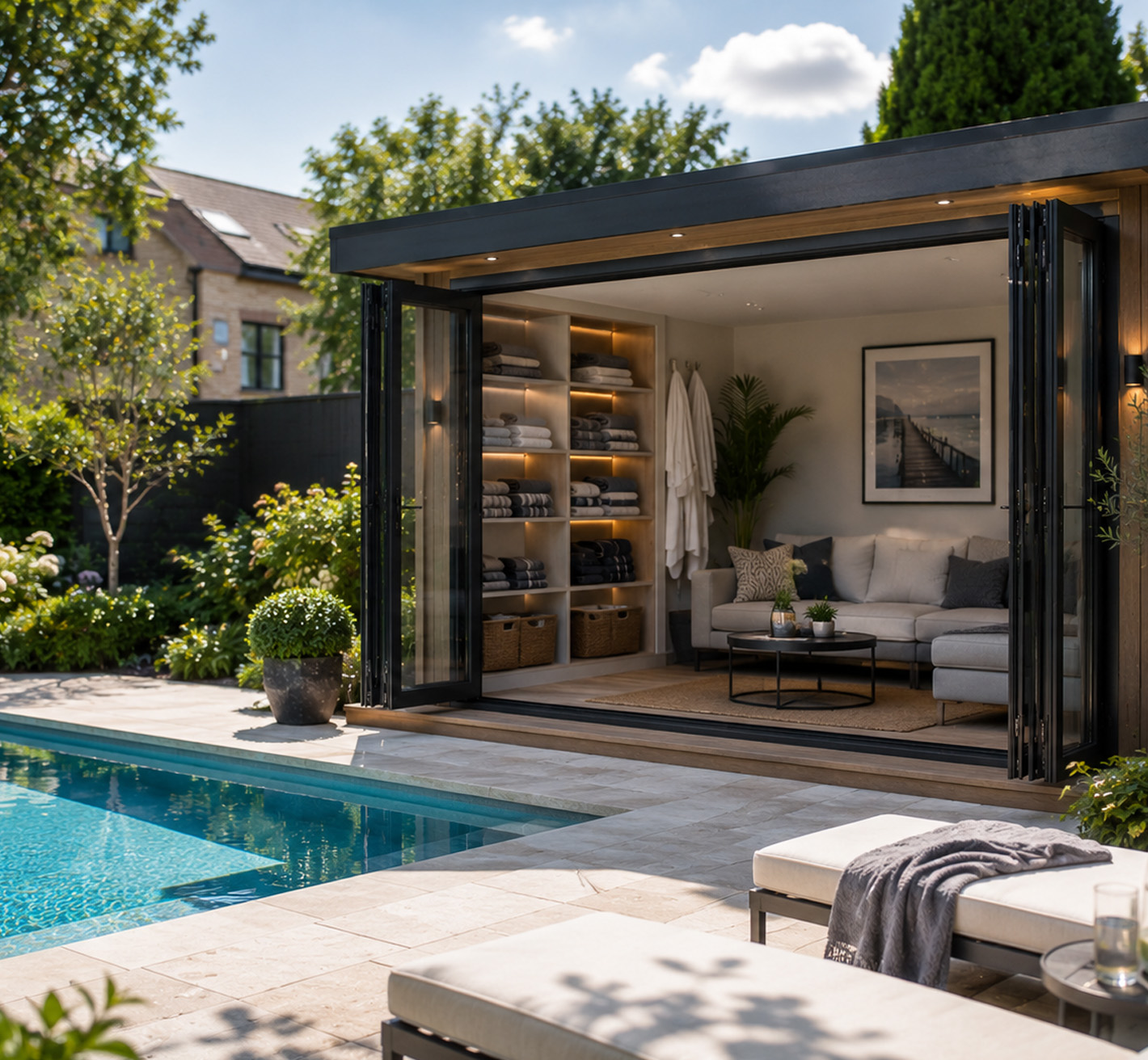 small garden room with cedar cladding and full-height glazing, Aylesbury